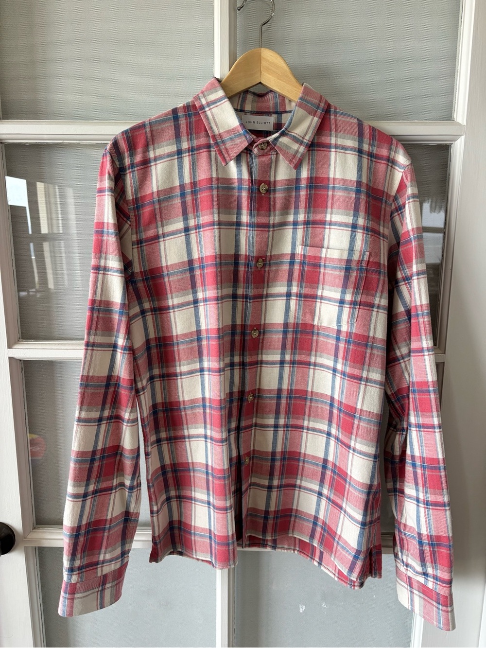 NWOT John Elliott Red and Cream Plaid Button-Down Shirt